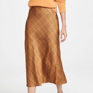 C/Meo Collective NWT Satin Plaid No Time Midi Skirt Copper Check Preppy Classic